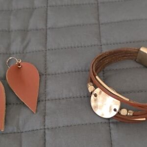Brown Leather Bracelet and Earring Set